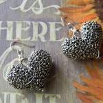 Silver Puffy Heart Flowered Earrings