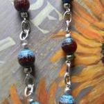 Blue/coffee Agate Beaded Necklace With Silver..