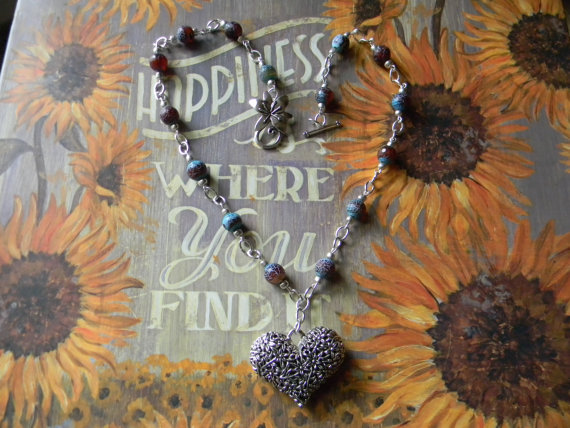 Blue/coffee Agate Beaded Necklace With Silver Flowered Heart Pendant