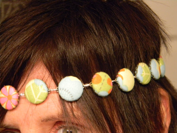 - Fabric Button Multi Color Flowered Head Band/necklace